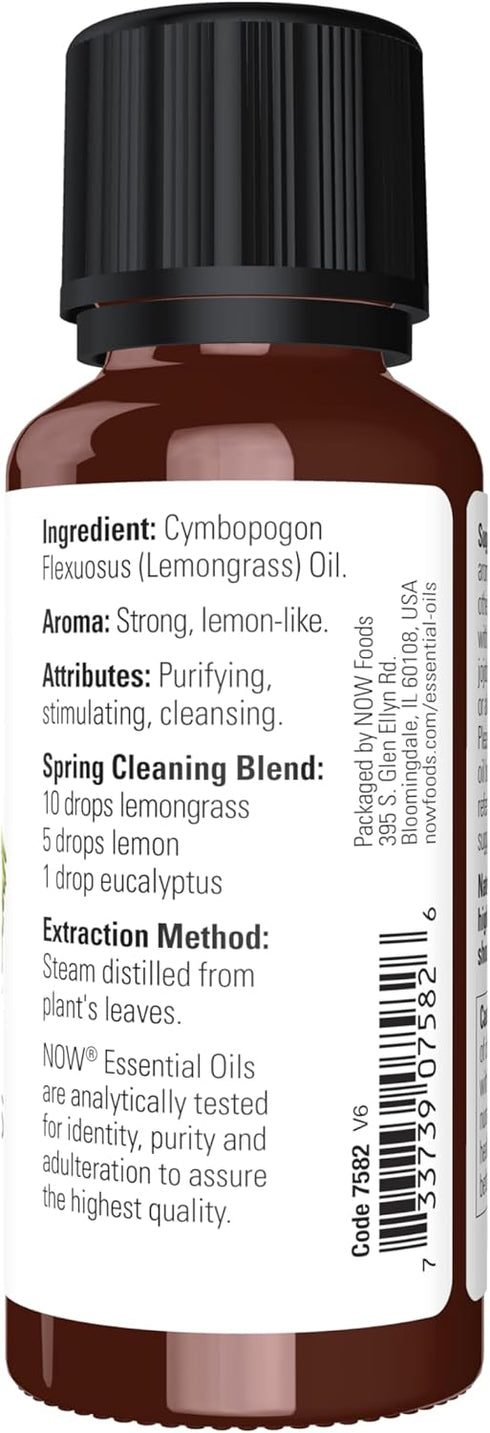 NOW Essential Oils Lemongrass Oil, 100% Pure, 1-Ounce, Uplifting Aromatherapy Scent