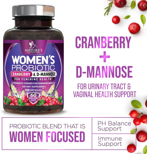 Probiotics for Women's Vaginal Health, 60 Billion CFU, Prebiotics, 120 Capsules, Cranberry, Urinary & Digestive Support