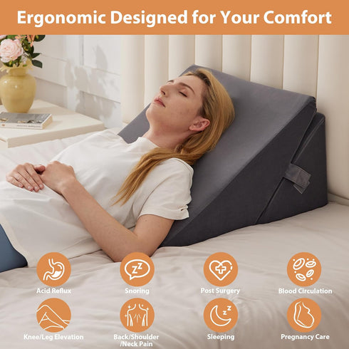 Wedge Pillow for Sleeping, 9&12” Body Pillow for Back & Neck Pain Relief, Memory Foam Wedge Pillow (Grey)