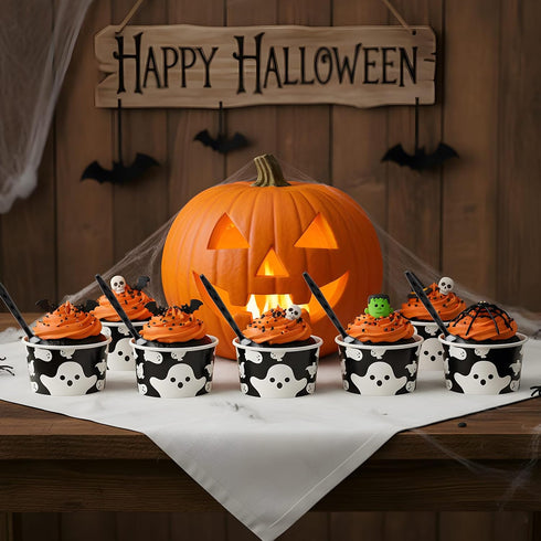 Ninehaoou 200 8oz Frozen Pcs Halloween Paper Ice Cream Cups Halloween Treat Snack Cups Ghost Skeleton Spooky Disposable