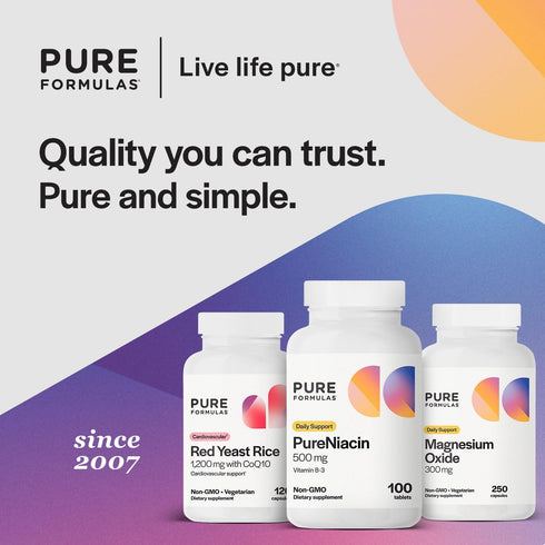 PureFormulas Pure Niacin - 500 mg Vitamin B3, 100 Tablets - Immediate Release Niacin Supplement - Non-GMO