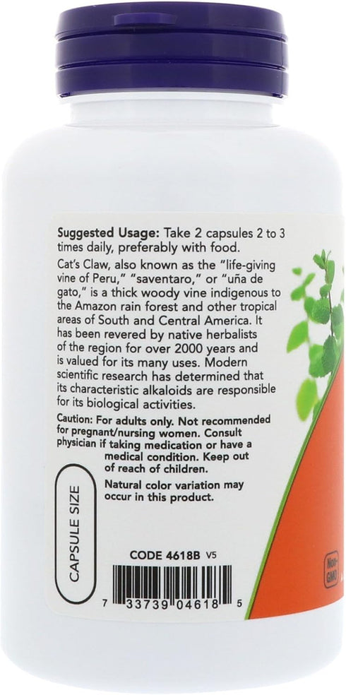 NOW Supplements Cat's Claw 500 mg, 100 Veg Capsules, Non-GMO Project Verified Herbal Supplement
