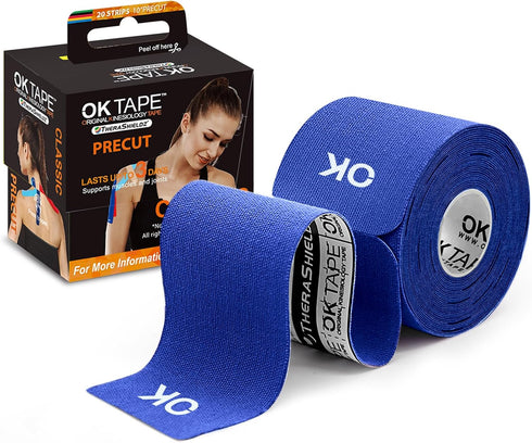 OK TAPE Kinesiology Tape, 10 inches Precut, 20 Strips, Navy Blue, Cotton Elastic, Latex Free