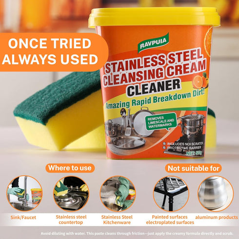 RAVPUIA 2 (500g) STAINLESS STEEL CLEANER & POLISH - Heavy Duty Cleaning Paste for Stove, Oven, Pans, Cookware, Sink |