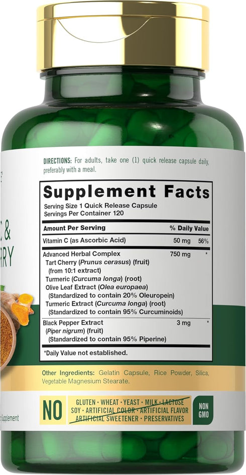 Carlyle Turmeric and Tart Cherry Capsules | 120 Count | with Bioperine | Vegetarian, Non-GMO, Gluten Free Supplement