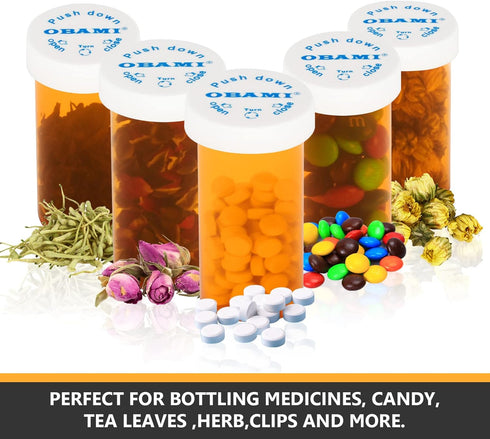 Obami (12pcs, 8 Plastic Medicine Pill Bottles with Child Resistant Caps - Push Down and Turn - Prescription Vial