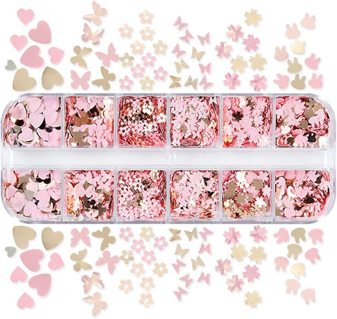 12Grids Valentine's Day Nail Glitter Sequins, Holographic Gold Pink Heart Nail Art Glitter Flakes for Acrylic Nail Decor