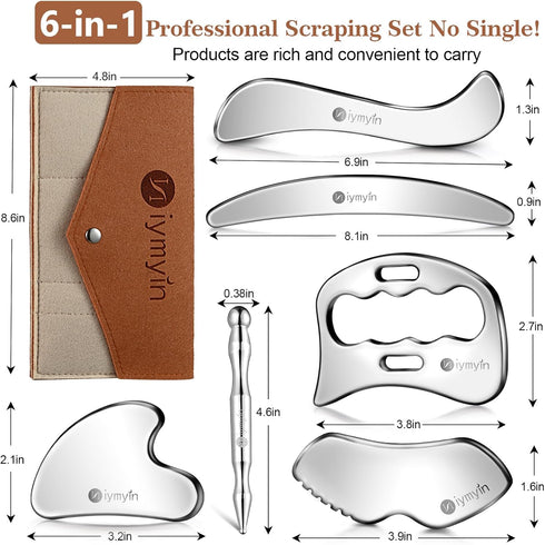Niymyin 6-in-1 Set, Stainless Steel Muscle & Fascia Scraper Tool for Body Skin Massage and Sore Muscles, Myofascial