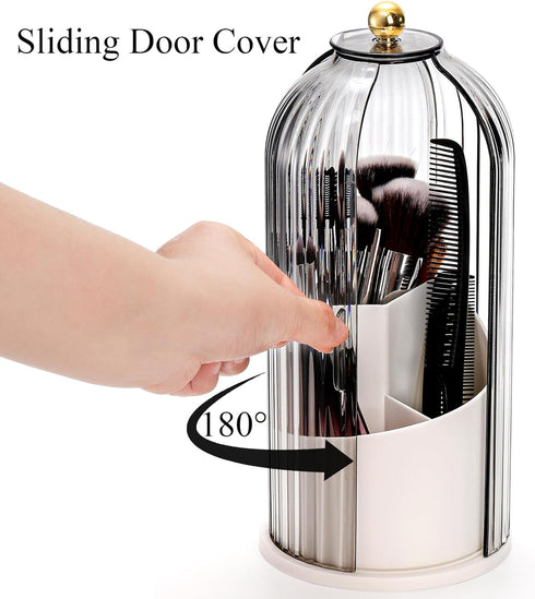 Makeup Brush Holder Organizer with Lids, 360° Rotating Clear Dustproof Container Box, Vanity Spinning Cosmetic Tools