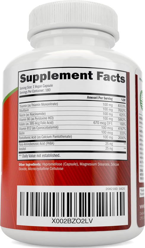 Vitamin B Complex - 8 Super B Vitamins with Choline & Inositol, B1, B2, B3, B5, B6, B8, B9 & B12 - 180 Vegan Capsules