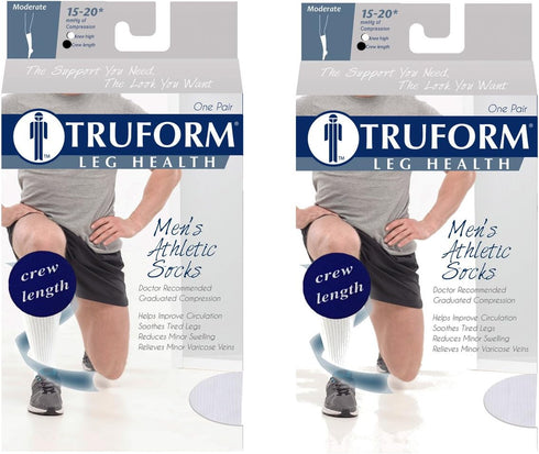 Truform Compression Socks, Men's Crew Length, 15-20 mmHg, White, Small, Pack of 2