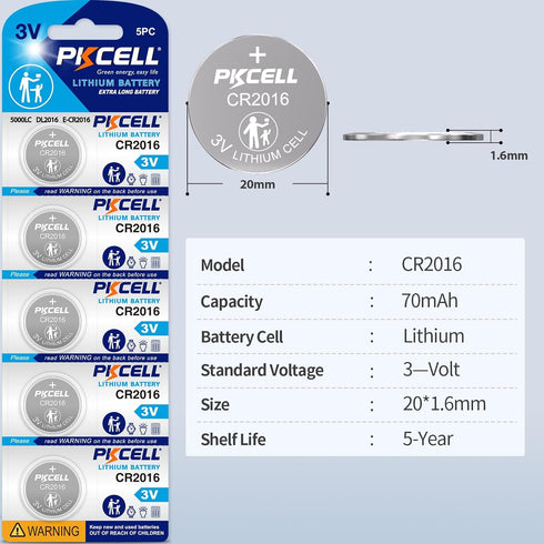 PKCELL 10 Pack CR2016 CR2016 3V Battery Lithium Battery for Car Remote Control,Watch Batteries Replacement