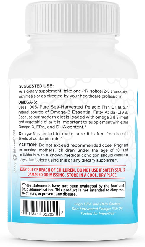 Triple Strength Fish Oil Omega 3, 2400mg per Serving, Burpless Lemon Flavored, Non-GMO, 30 Servings