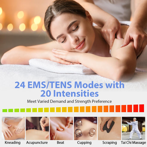 24 Modes Tens Unit Muscle Stimulator, Rechargeable Tens Machine with 8 Electrode Pads for Pain Relief Therapy