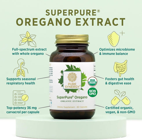 PURE SYNERGY SuperPure Oregano Extract, Organic Oregano Oil and Leaf Extract Supplement, 60 Capsules