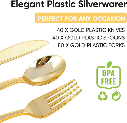 FOCUSLINE 160 Pack Gold Plastic Silverware Set, 80 Gold Forks, 40 Gold Knives, 40 Gold Spoons for Parties