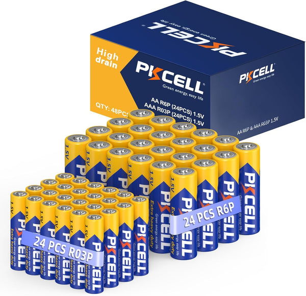 PKCELL 48-Count Combo Pack, 24 AAA R03P + 24 AA R6P 1.5V Carbon Batteries for Wireless Mouse, Flashlights