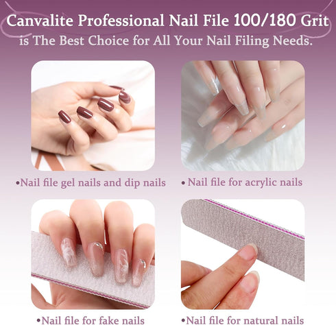 Nail File 12 PCS Professional Reusable 100/180 Grit Washable Tools for Poly Nail Extension Gel and Acrylic