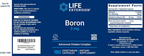 Life Extension Boron 3mg 180 Veg Caps - Triple Boron Complex with Boron Citrate, Glycinate, Aspartate