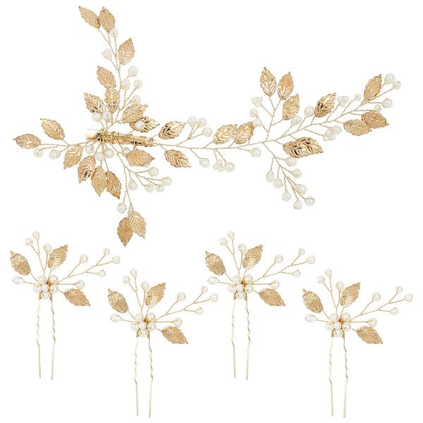 inSowni 5 Pack Gold Pearls Leaf Hair Pins, Wedding Bridal Alligator Leaves Hair Clips for Women Girls