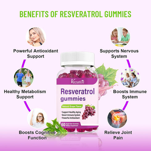 High Purity Resveratrol Gummies, 98% Trans-Resveratrol with Quercetin, Coq 10, Vitamin C - 60 Gummies