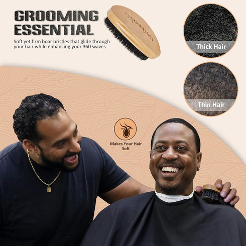 Wave Brush - Hair Brush for Men with 100% Natural Beech Wood & Reinforced Pure Black Boar Hair Bristle, Soft Beard Brush Hairbrush for Men Perfect for Cultivating Beards, Hair Waves and Wolfing