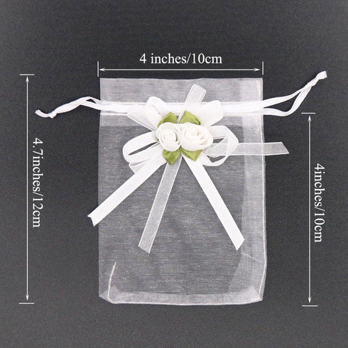 SumDirect Rose Organza Gift Bags, 50 Pcs 4x5 inch White Wedding Favor Bags with Drawstring for Party