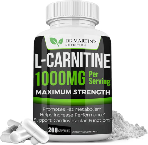 DR. MARTIN'S NUTRITION Extra Strength L-Carnitine - 200 Capsules - 1000mg Per Serving - Increase Performance & Boost
