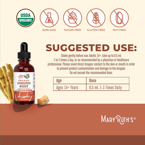 MaryRuth Organics USDA Organic Ashwagandha Root Liquid Drops, Stress Relief, Natural Calm, 60 Servings