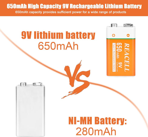 REACELL 2 Packs 9V 9 650mAh 9V Rechargeable Lithium Batteries, Volt Batteries for Smoke Detector, USB Charging Battery