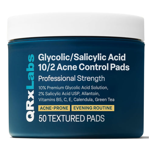 QRxLabs Salicylic & Glycolic Acid Acne Control Pads, 50 Count Jar, Bacne Treatment with Vitamins B5, C & E