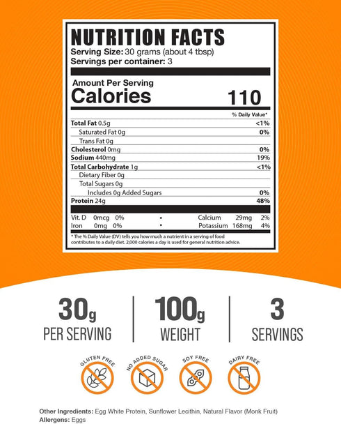 BulkSupplements.com Egg White Protein Powder - Egg White Powder, Lactose Free & Dairy Free Protein Powder - Unflavored & Gluten Free, 30g per Serving, 100g (3.5 oz) (Pack of 1)
