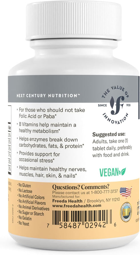 Freeda Super B Complex Vitamin B Supplement - No Folic No PABA, 250 Ct, Kosher for Women & Men