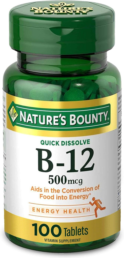 Nature's Bounty Vitamin B12, 500mcg, 100 Quick Dissolve Tablets for Energy Metabolism and Nervous System Health