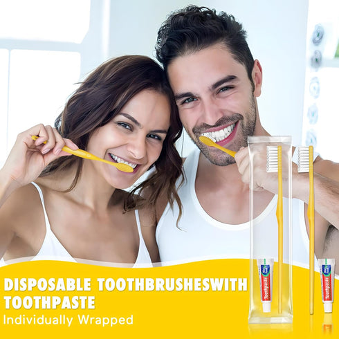 Pack 50, Set 5g HOFASON Disposable Toothbrushes with Toothpaste of Yellow Hollow Travel Toothbrush with Bulk Toothpaste