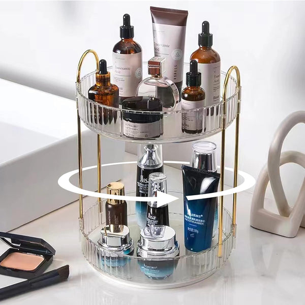 Rotating Makeup Organizer (2 Tier, Clear) - High-Capacity Skincare Storage for Vanity and Countertop