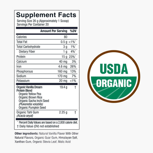 Live Conscious Organic Pea Protein Powder - Vanilla Dream Flavor - 20 Servings, Plant-Based Vegan Protein Blend