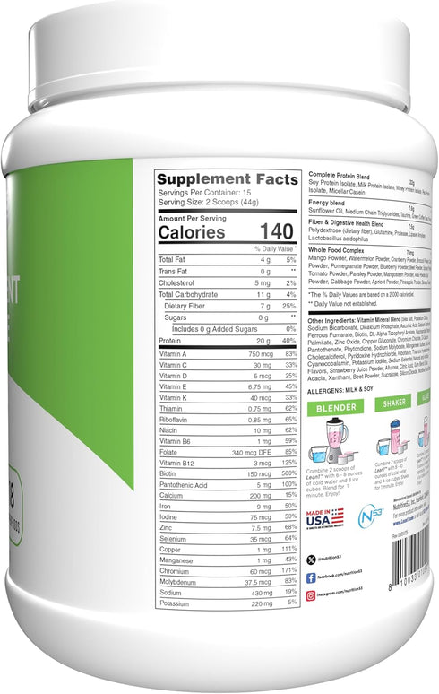 Lean1 15 Meal Replacement Protein Shake, Strawberry Flavor, Serving Tub