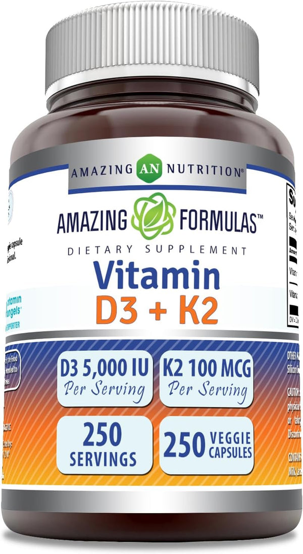 Amazing Formulas Vitamin D3 5000 IU with Vitamin K2 100 Mcg, 250 Veggie Capsules - D3 + K2 Complex, Non-GMO, Gluten Free
