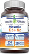 Amazing Formulas Vitamin D3 5000 IU with Vitamin K2 100 Mcg, 250 Veggie Capsules - D3 + K2 Complex, Non-GMO, Gluten Free