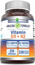 Amazing Formulas Vitamin D3 5000 IU with Vitamin K2 100 Mcg, 250 Veggie Capsules - D3 + K2 Complex, Non-GMO, Gluten Free