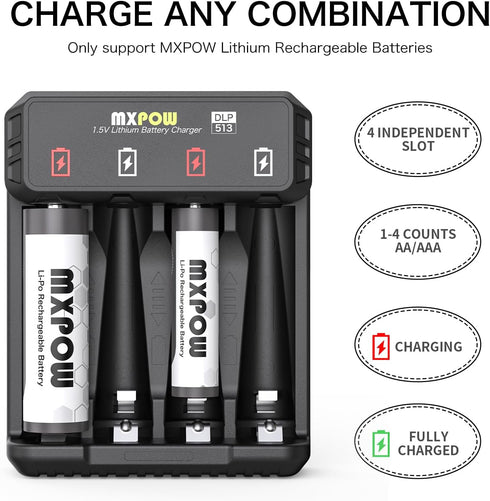 Rechargeable AA Lithium Batteries, 1.5V 3400mWh, 4 Count with Smart Charger, 1500 Cycle