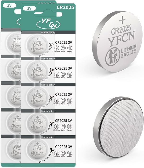 CR2025 Battery 3V Lithium 10 Count Pack for Key Fobs, Remote Control, LED Candles, 5 Years Shelf Life
