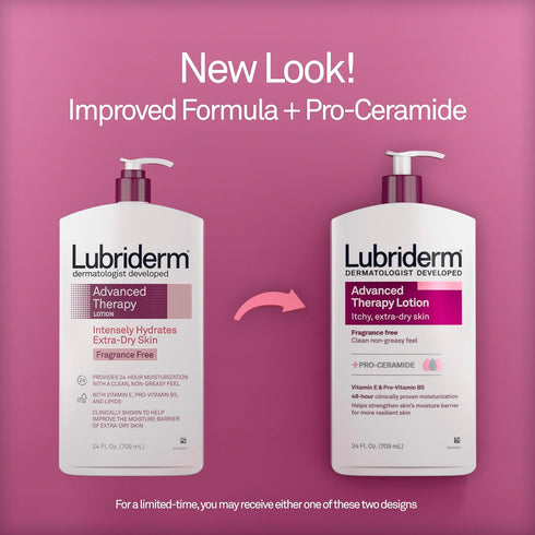 Lubriderm Advanced Therapy Fragrance Free Moisturizing Hand & Body Lotion + Pro-Ceramide with Vitamins E & Pro-Vitamin B5, Intense Hydration for Itchy, Extra Dry Skin, Non-Greasy, 24 Fl. Oz