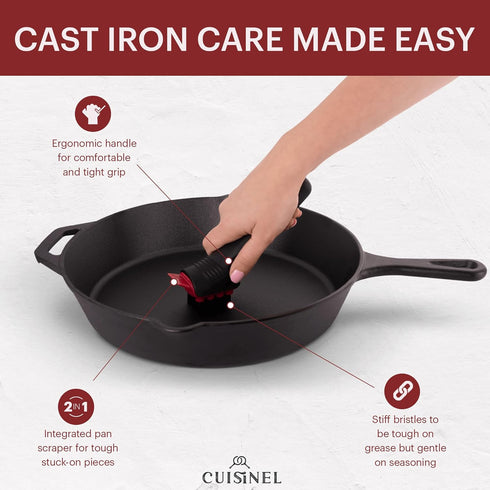 Cuisinel Cast Iron Scrubber Cleaning Brush: Pan/Grill Scraper Kit, Soft-Touch Dish Scrub Tool for Non-Stick Cookware.