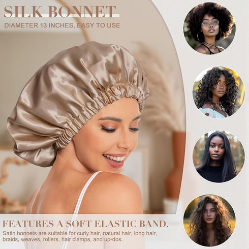 Satin Bonnet Silk Hair Bonnet for Sleeping, Slouchy Beanie Hat for Women's Natural & Curly Hair (Khaki)
