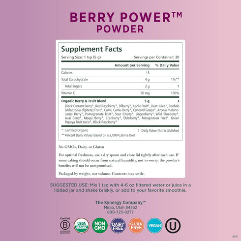 PURE SYNERGY Berry Power, Organic Berry and Fruit Powder, Antioxidant Supplement with Acai, Camu Camu, Wild Blueberry