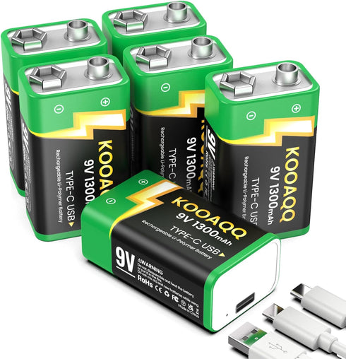 KOOAQQ 6-Pack Rechargeable 9v Batteries, USB-C Recharge with 2 in 1 Charging Cable,