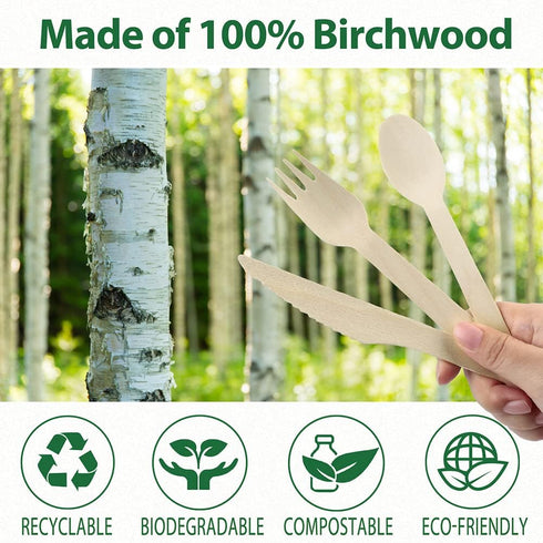 LotFancy Disposable Wooden Cutlery Set, Pack of 200 (100 Forks, 50 Spoons, 50 Knives), Eco-Friendly