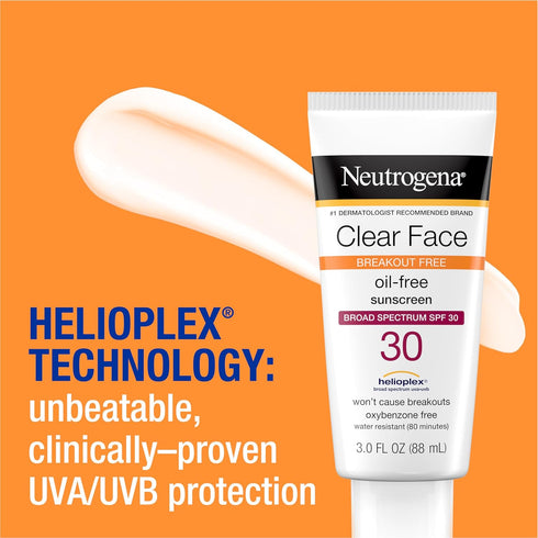 Neutrogena Clear Face Liquid Sunscreen, 3 fl. oz, Broad Spectrum SPF 30, Oil-Free, Fragrance-Free for Acne-Prone Skin